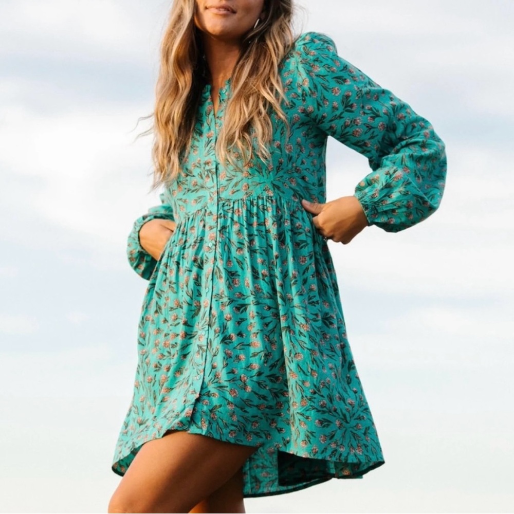 XIX Palms Teal Floral Flowy Puffy Sleeve Boho Dress Medium‎